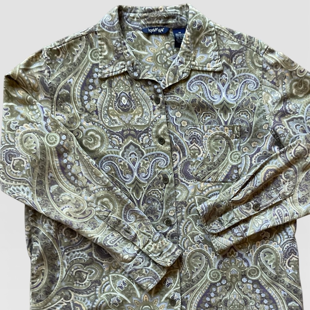 Krazy Kat Vintage Paisley Button Down Shirt Green Blue Purple Cotton Medium - Picture 3 of 10